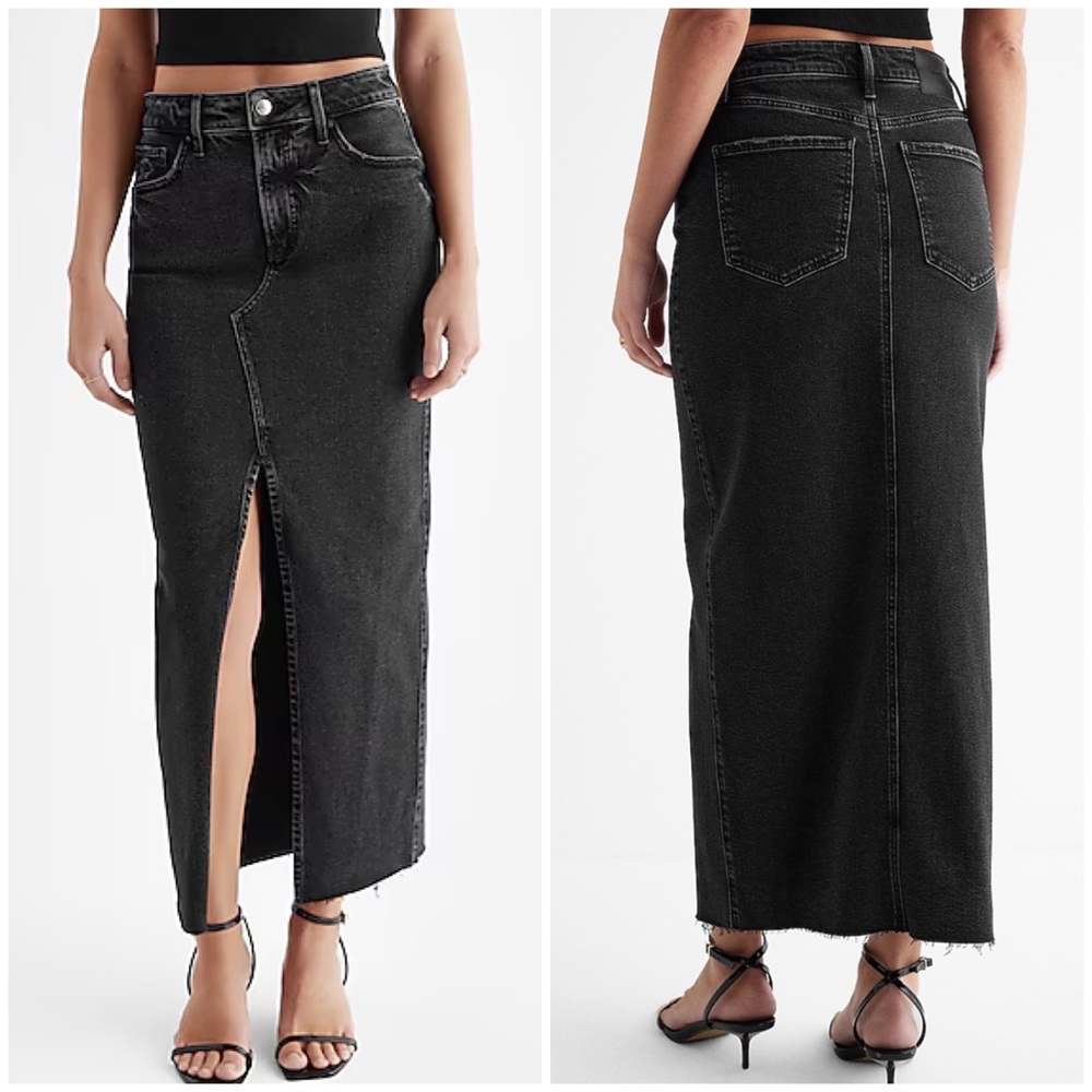 Express High Waisted Black Raw Hem Front Slit Maxi Denim Skirt Size 6